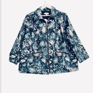 CJ Banks Blue Black White Lightweight Floral Zippered Jacket Women’s Plus SZ 1X